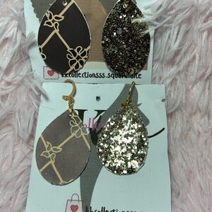 Brown & Gold Glitter Teardrop Faux Leather Earrings